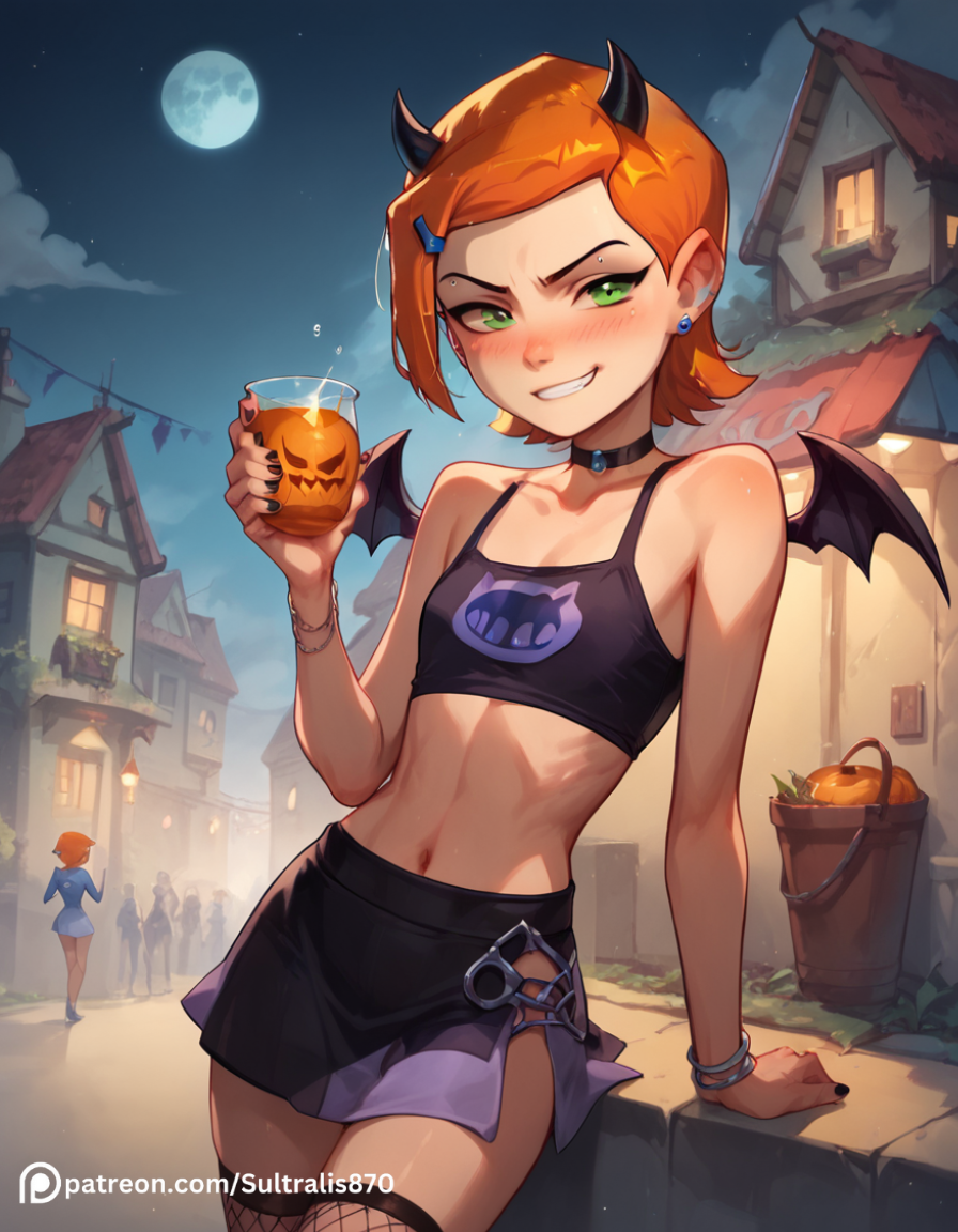 ai_generated artist_request ben_10 green_eyes gwen_tennyson halloween halloween_costume orange_hair petite smile smirk succubus_horns succubus_tail succubus_wings sultralis sultralis870