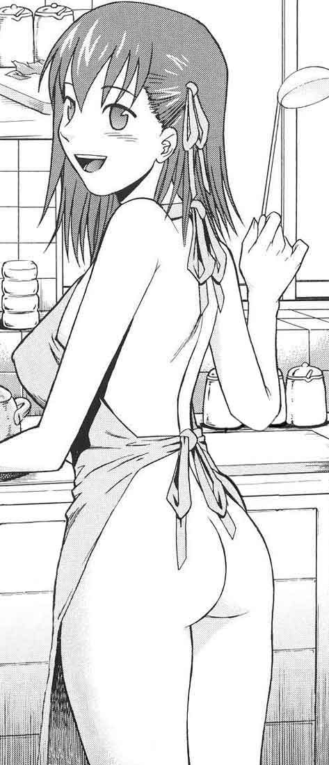 apron ass blush breasts cooking denkichi fate/stay_night fate_(series) female from_behind indoors kitchen ladle large_breasts matou_sakura monochrome naked_apron open_mouth smile solo standing