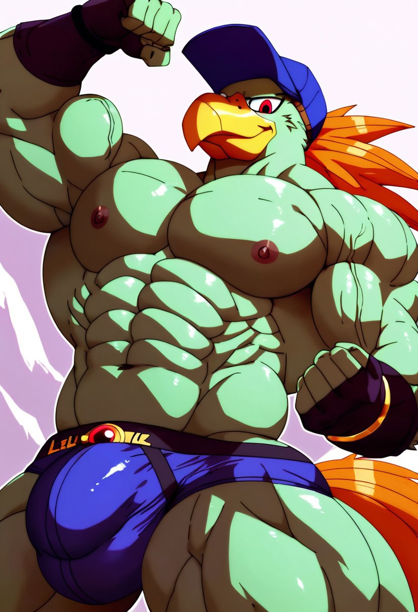 anthro avian_humanoid beak belt big_bulge big_muscles blue_underwear dragon_ball_super dragon_ball_z fingerless_gloves ganos gloves green_skin hat long_hair male male_only muscles muscular muscular_male nipples orange_hair red_eyes tail underwear