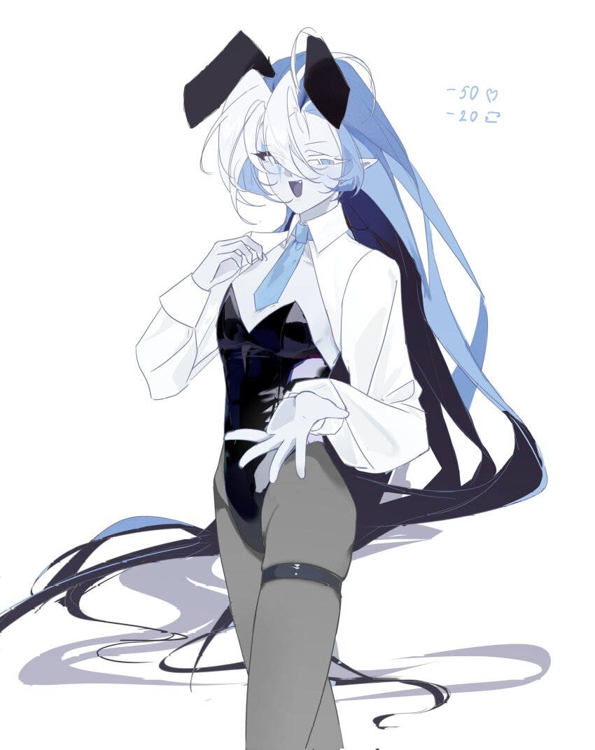 1boy, blue eyes, blue skin, bunnysuit, colored skin, cookie run, cookie run kingdom, cute fang, femboy, highres, humanization, jewelry, leotard, long hair, long sleeves, looking at viewer, male, male focus, playboy bunny, shadow milk cookie, simple background, smile, solo, twink, white hair, yukaru 00