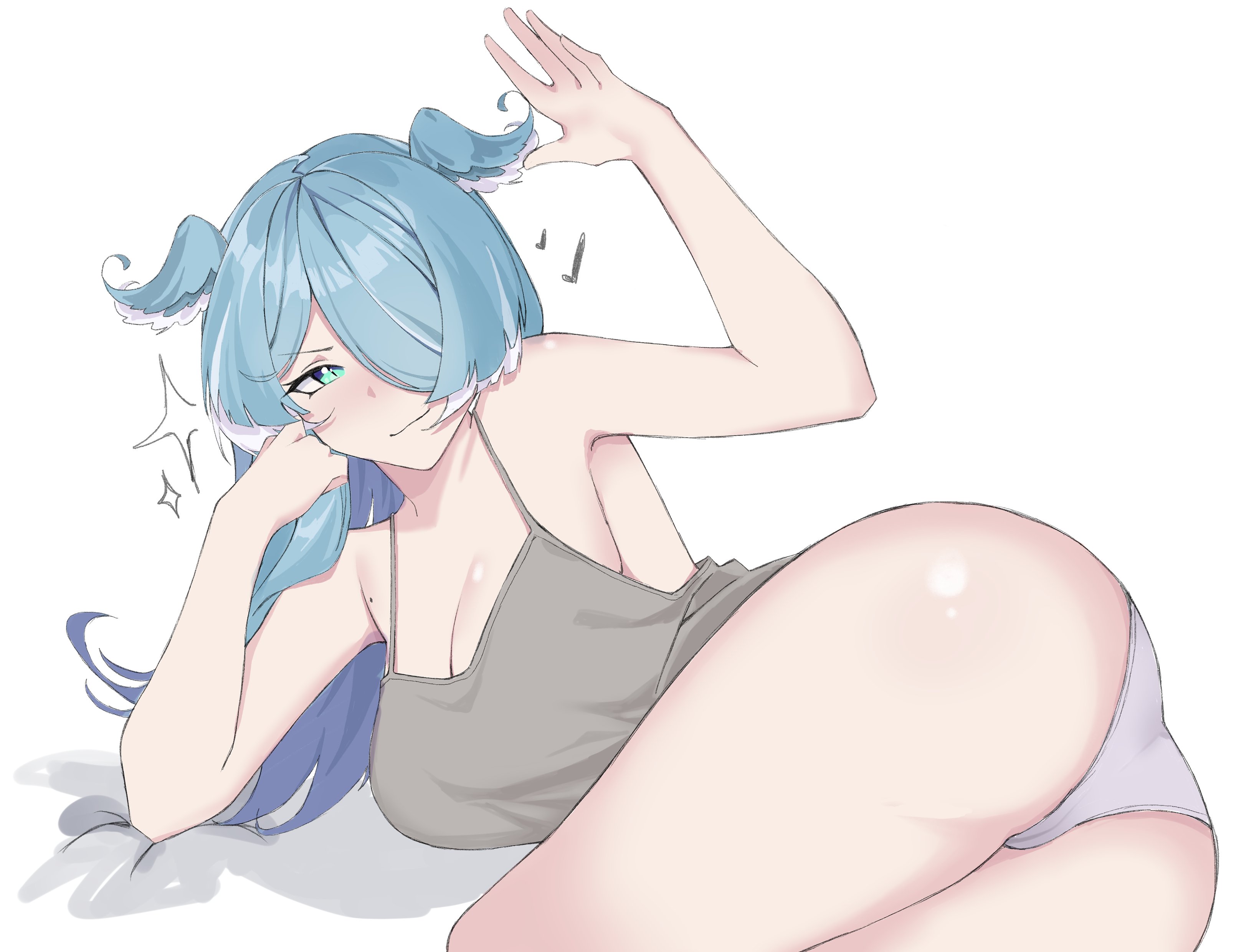 1girls, ass, ass focus, blue hair, bluecarrot, clothed, elira pendora, female, hair covering eye, looking at viewer, lying, nijisanji, nijisanji en, on side, panties, virtual youtuber, white panties