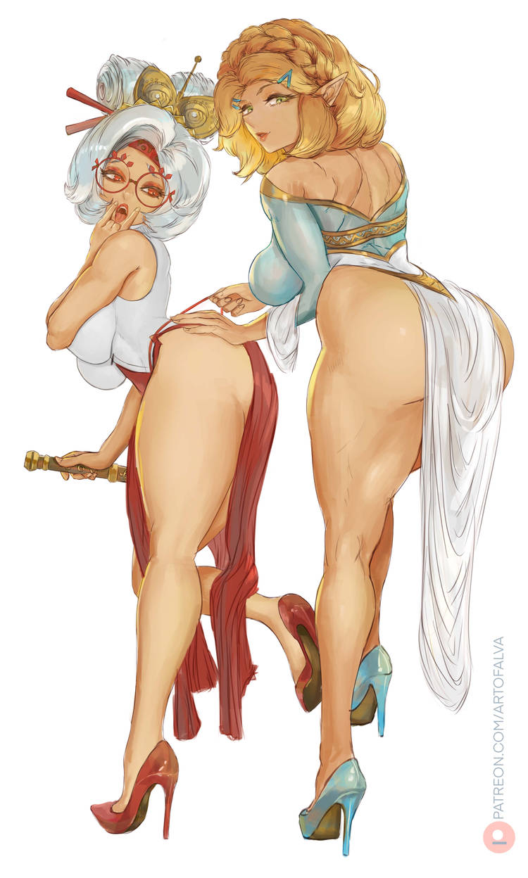 2girls artofalva ass blonde_hair breasts dress female glasses green_eyes hair_ornament hair_sticks hairbun hairclip high_heels jpeg large_breasts looking_at_viewer nintendo princess_zelda purah recorder_(musical_instrument) red_dress red_eyes short_hair side_slit tears_of_the_kingdom the_legend_of_zelda white_dress white_hair