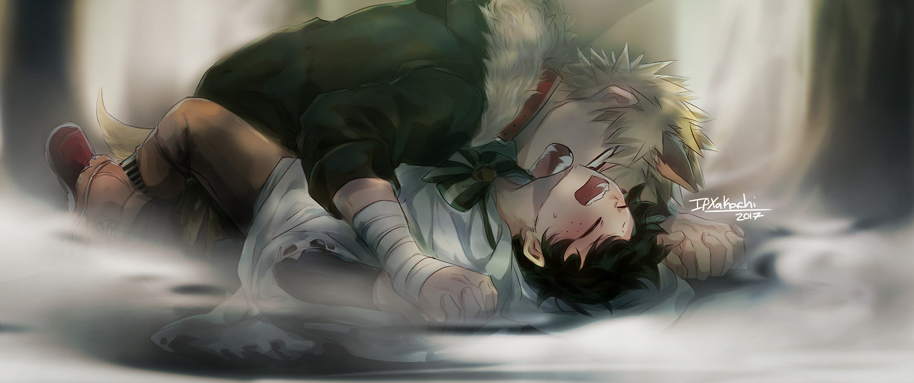biting, closed eyes, fully clothed, gay, ghost costume, halloween, holding hands, interlocked fingers, ipxakachi, izuku midoriya, katsuki bakugou, male, male only, my hero academia, on ground, open mouth, pinned, pinned down, wolf ears, yaoi