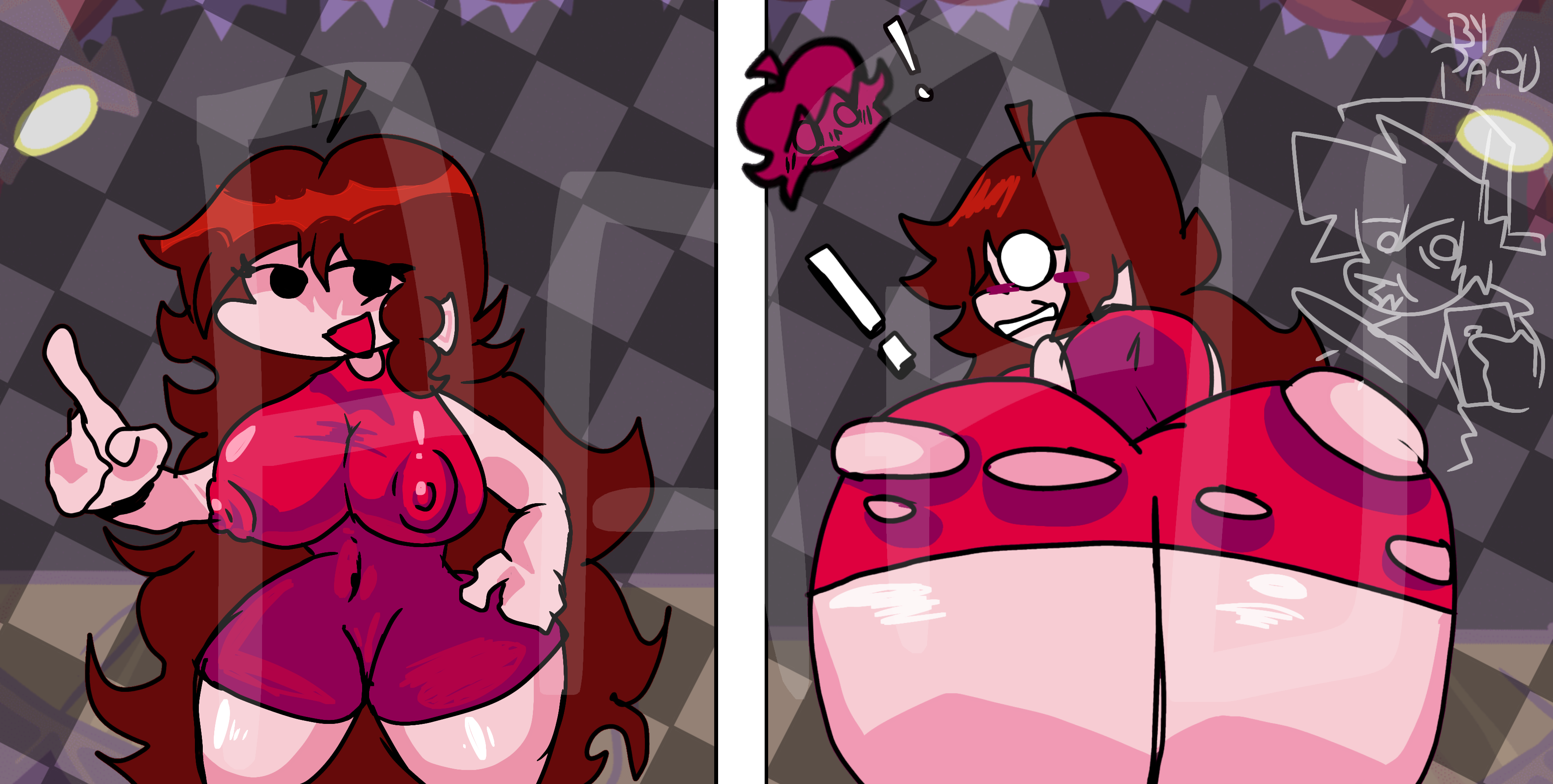 1boy, 1girls, 2d, 2d (artwork), ass, ass expansion, auburn hair, big ass, big breasts, blush, boyfriend (friday night funkin), breasts, caseto, female, friday night funkin, girlfriend (friday night funkin), male, male/female, nipples, nipples visible through clothing, tagme