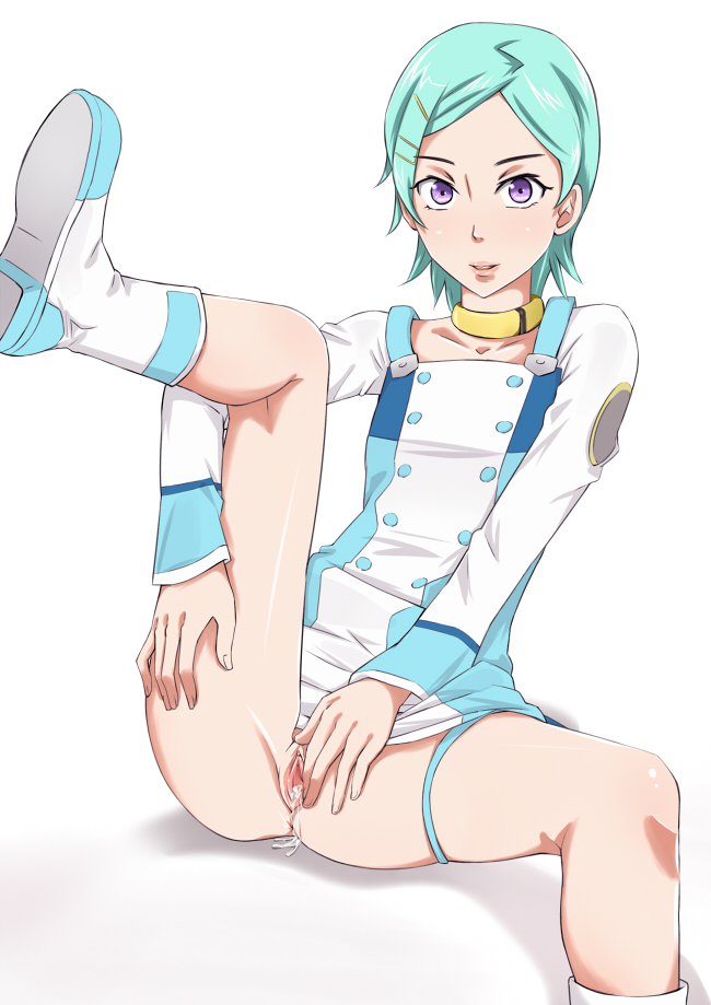 blush boots choker dress eureka eureka_seven eureka_seven_(series) female female green_hair hairclip ichihisa leg_up purple_eyes pussy pussy_juice short_dress short_hair sitting solo spread_legs spread_pussy tagme thigh_strap uncensored