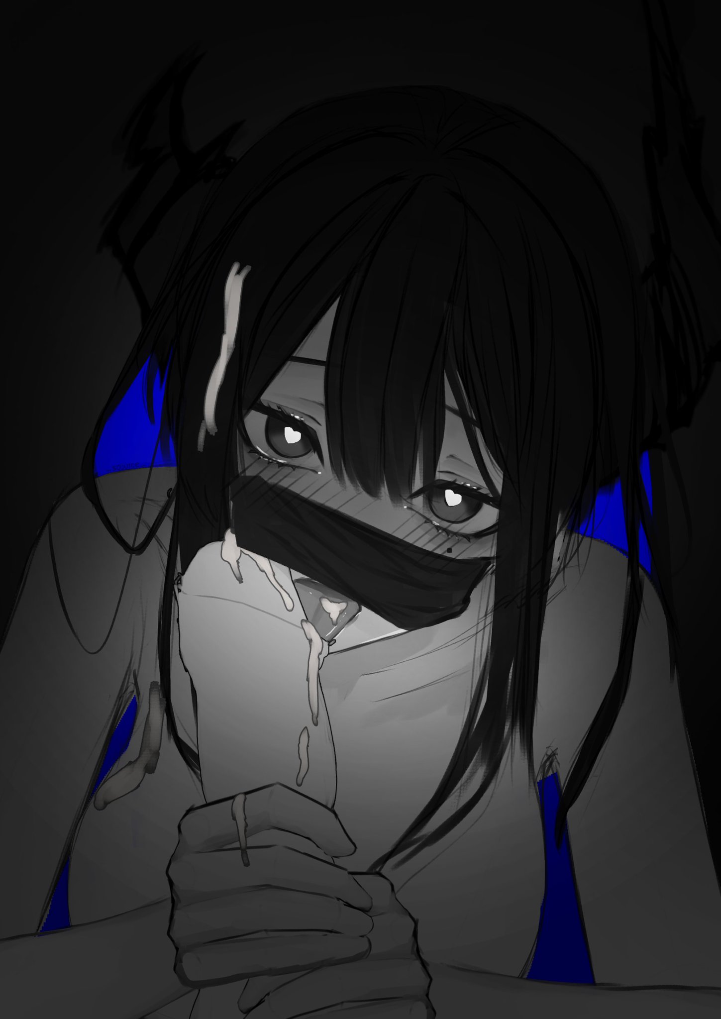 1girls, after fellatio, big breasts, black hair, blowjob, blowjob with facemask, breasts, cum, cum in hair, cum in hands, cum in mouth, demon, demon girl, demon horns, female, heart-shaped pupils, hololive, hololive english, hololive english -advent-, licking penis, looking at viewer, male, nerissa ravencroft, penis, soju ice, virtual youtuber