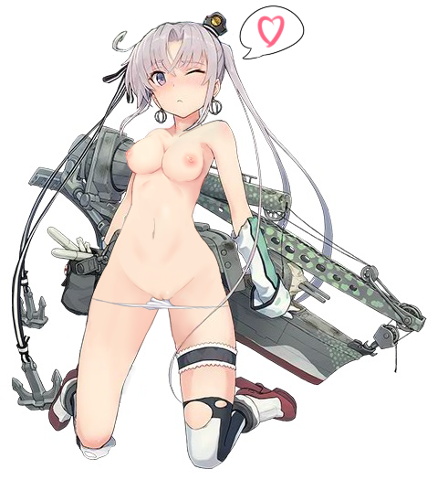 :< akitsushima_(kantai_collection) anchor breasts crane damaged earrings female h8k headgear jewelry kantai_collection kneeling leg_garter machinery military mini_hat nipples nude nude_filter official_art one_eye_closed photoshop pussy seaplane shizuma_yoshinori side_ponytail silver_eyes silver_hair solo thigh_strap thighhighs torn_clothes torn_thighhighs turret uncensored