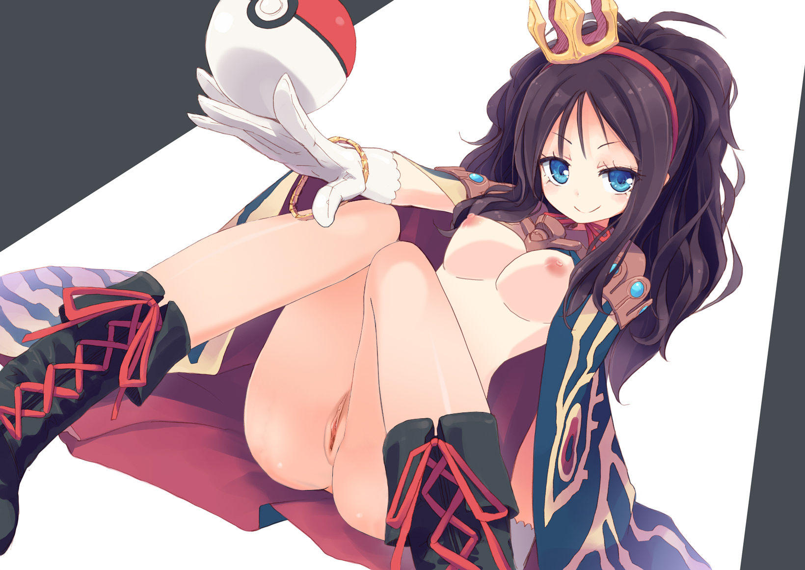 areolae, blue eyes, boots, breasts, brown hair, crown, female, female only, hairband, hilda (pokemon), homura subaru, human, laced boots, long hair, looking at viewer, naked footwear, nintendo, nipples, no bra, no panties, nude, open clothes, poke ball, pokemon, pokemon bw, pussy, sitting, smile, solo, uncensored