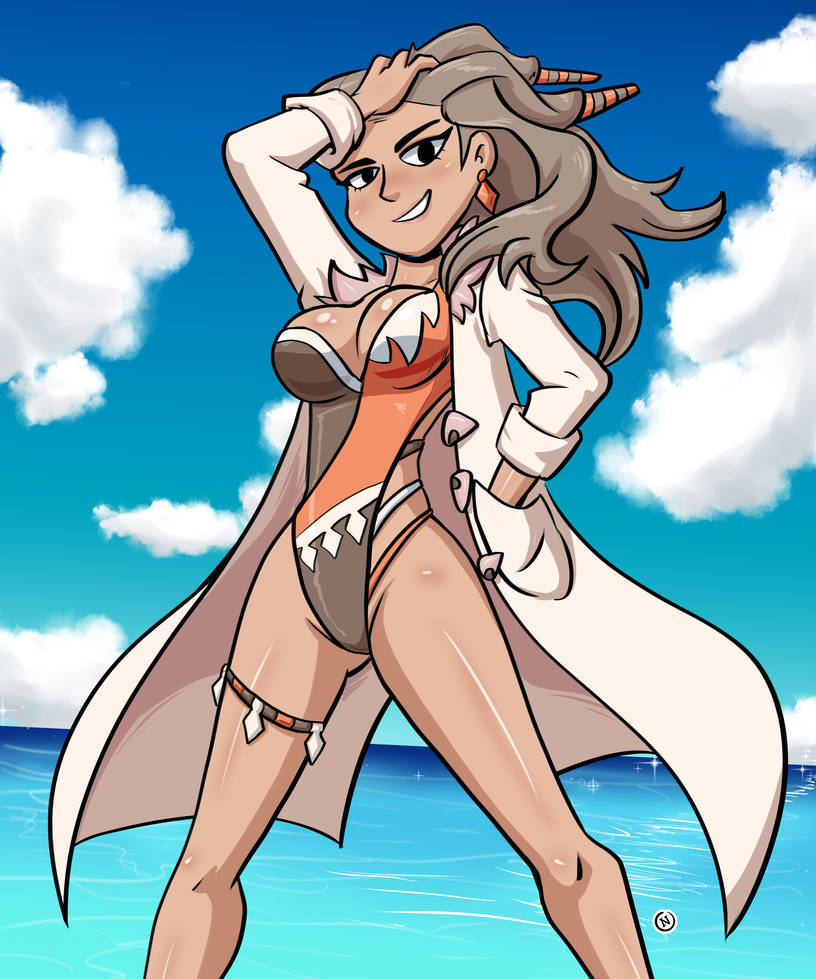 1girls beach black_eyes breasts brown_hair brown_one-piece_swimsuit brown_swimsuit clouds earrings highleg highleg_one-piece_swimsuit highleg_swimsuit labcoat large_breasts long_hair looking_at_viewer multicolored_one-piece_swimsuit multicolored_swimsuit nanus2 nintendo ocean one-piece_swimsuit orange_one-piece_swimsuit orange_swimsuit outside pokemon pokemon_sv professor_sada_(pokemon) sky swimsuit thigh_strap water