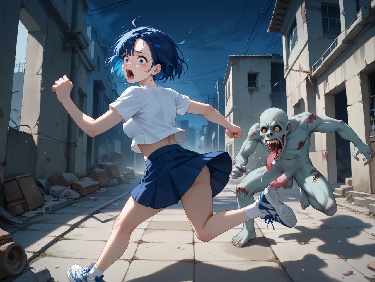 ai_anatomy ai_generated bad_anatomy fleeing historyia night original original_character running scared scared_expression you_gonna_get_raped zombie zombie_penis