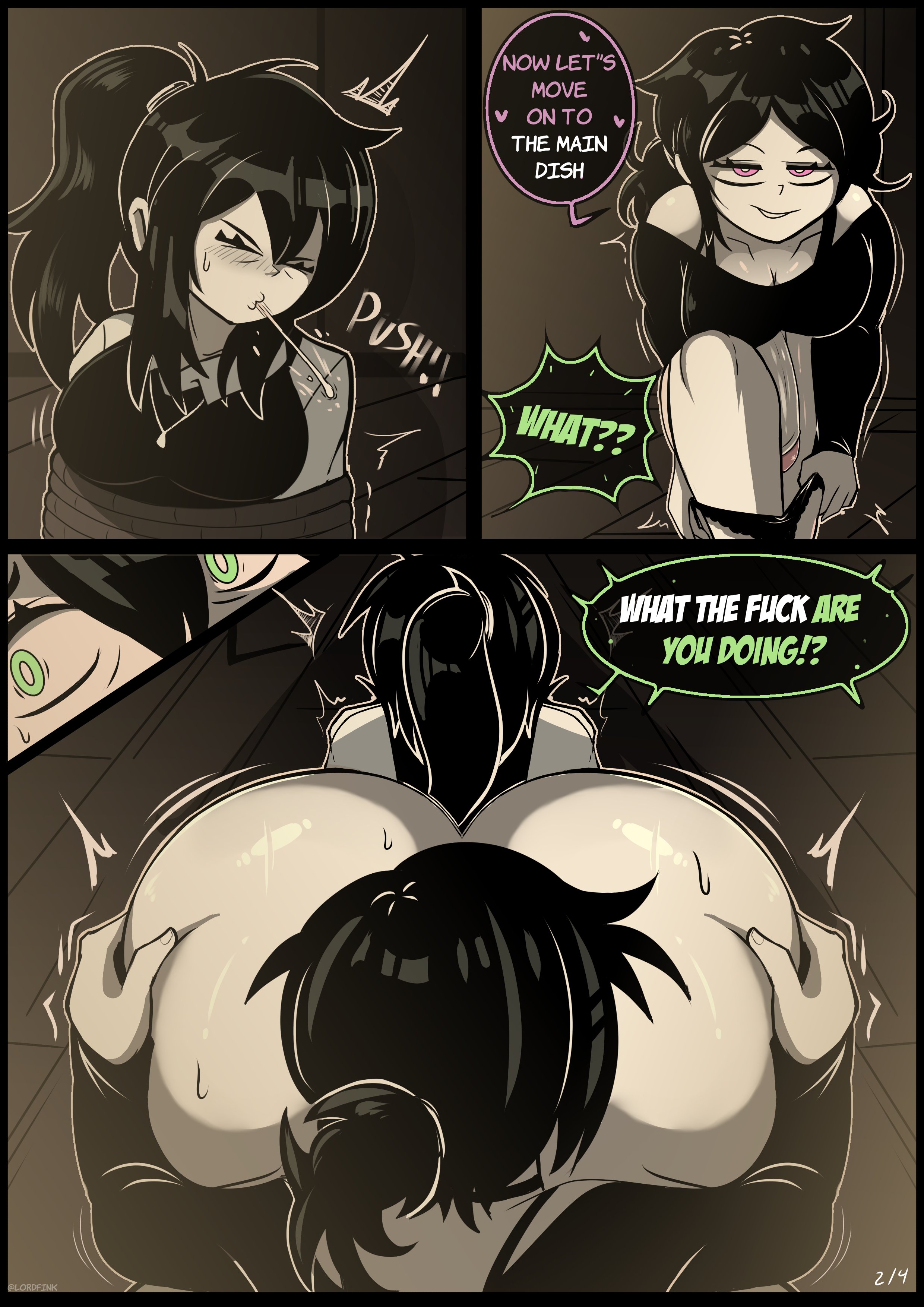 1futa, 1girls, ashley graves, ass, bondage, bottom heavy, brat, bratdom, clothed, clothing, comic, dialogue, duo, english text, female, forced, futa on female, futadom, futanari, huge ass, imminent rape, incest, intersex, lordfink, milf, mother and daughter, renee graves, rimming, text, the coffin of andy and leyley, thick thighs, tied up, wide hips