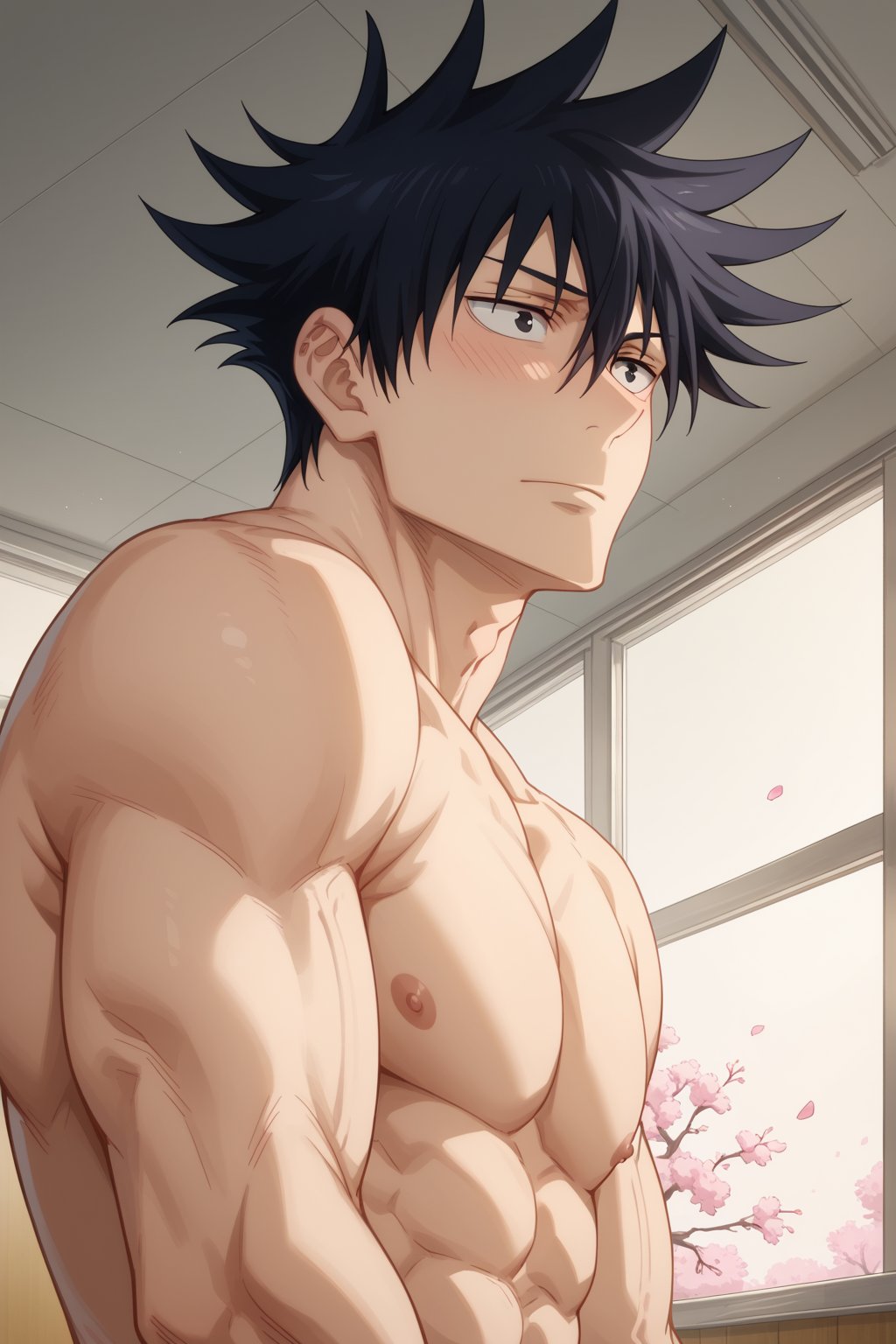 1boy abs ai_generated another_megumi bangs bara black_eyes black_hair blush cherry_blossoms closed_mouth embarrassed fushiguro_megumi hair_between_eyes indoors jujutsu_kaisen large_pectorals male_focus muscular muscular_male nipples nude pectorals petals short_hair shy solo spiked_hair upper_body vein veins veiny veiny_arms veiny_muscles window