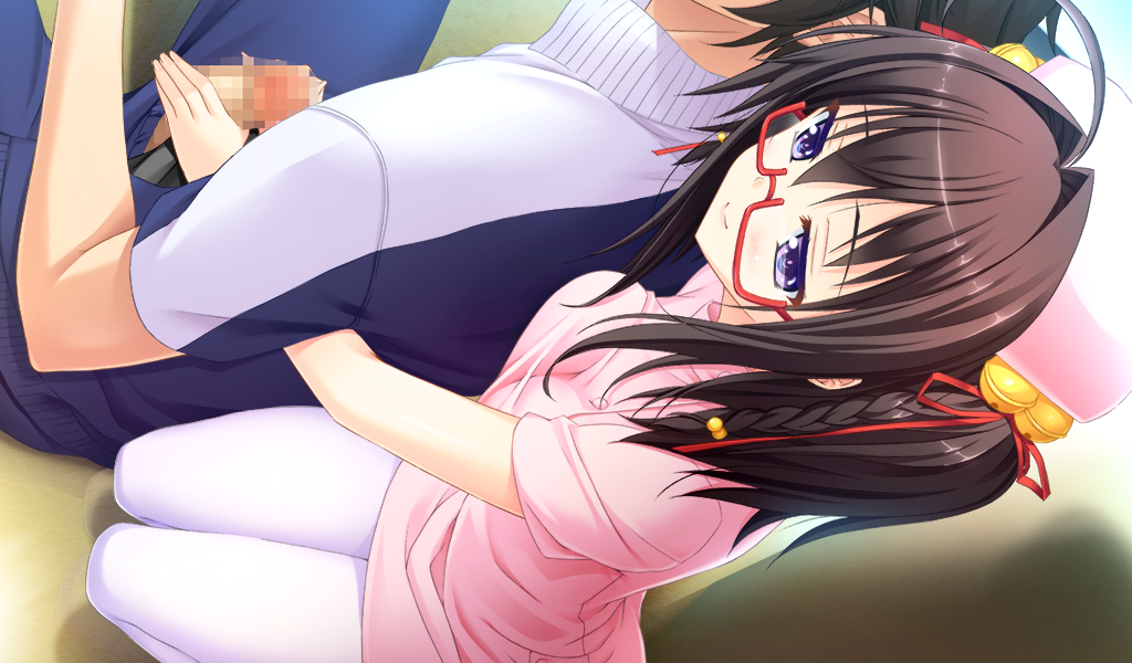 atelier_kaguya baku_ane_otouto_shibocchau_zo! black_hair blush braid breast_press breasts brother_and_sister censored choco_chip female game_cg glasses handjob hayasaki_naru incest kneeling large_breasts legs looking_down mosaic_censoring nurse nurse_cap pantyhose penis purple_eyes short_hair sitting smile thighs