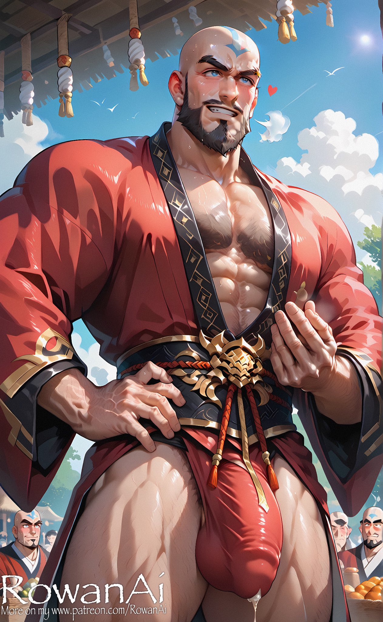 1boy abs ai_generated air_nomad airbender_tattoo ass ass_focus avatar_legends back bara biceps big_bulge blush bound bound_wrists breath bulge butt_crack chest_hair cowboy_shot facial_hair feet_out_of_frame hairy hi_res highres inviting large_pectorals male male_focus male_only mature_male muscular muscular, nape navel_hair nickelodeon nicktoons nipple nude pasties pectorals pubic_hair rowanai short_hair shorts sideburns solo solo_male stubble tattoo, tenzin the_legend_of_korra thick_thighs thighs