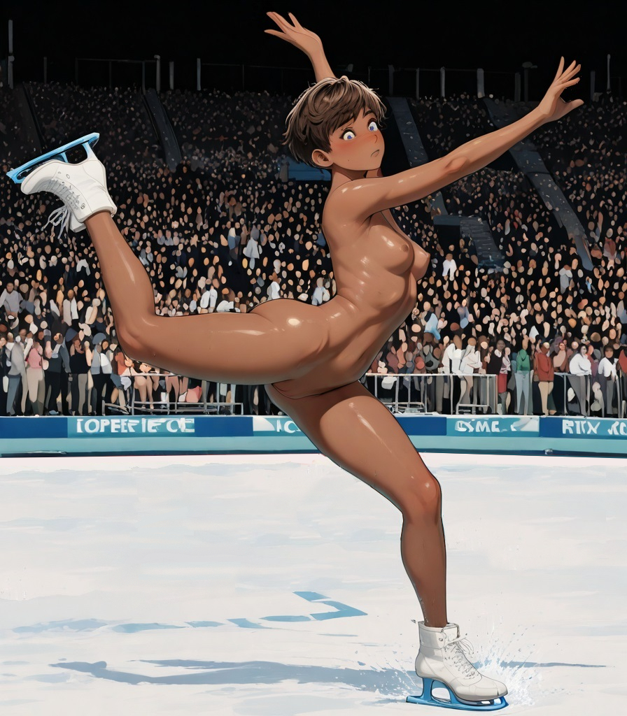 ai generated, arms above head, arms up, ashamed, ass, bare breasts, blush, breasts, bullying, cfnf, clothed, clothed female nude female, clothed male nude female, clothes stolen, cmnfshocked expression, completely naked, completely naked female, completely nude, completely nude female, crowd, dark skin, dark-skinned female, embarrassed, embarrassed nude female, embarrassing, enf, exhibitionism, exhibitionist, female, forced exposure, forced nudity, functionally nude, functionally nude female, glj-enf, hands above head, hands up, hazing, humiliation, ice skating, indecent exposure, leg lift, legs apart, legs spread, lost clothes, male, naked female, naked in public, nude, nude female, nude in public, one leg raised, one leg up, only one naked, public exposure, public humiliation, public indecency, public nudity, pussy, sexual harassment, shiny skin, shocked, short hair, skater, skating, small breasts, spectators, stadium, stadium background, stolen clothes, story at source, stripped, stripped naked, surprised, surprised expression, undressed by others, unhappy, unhappy female