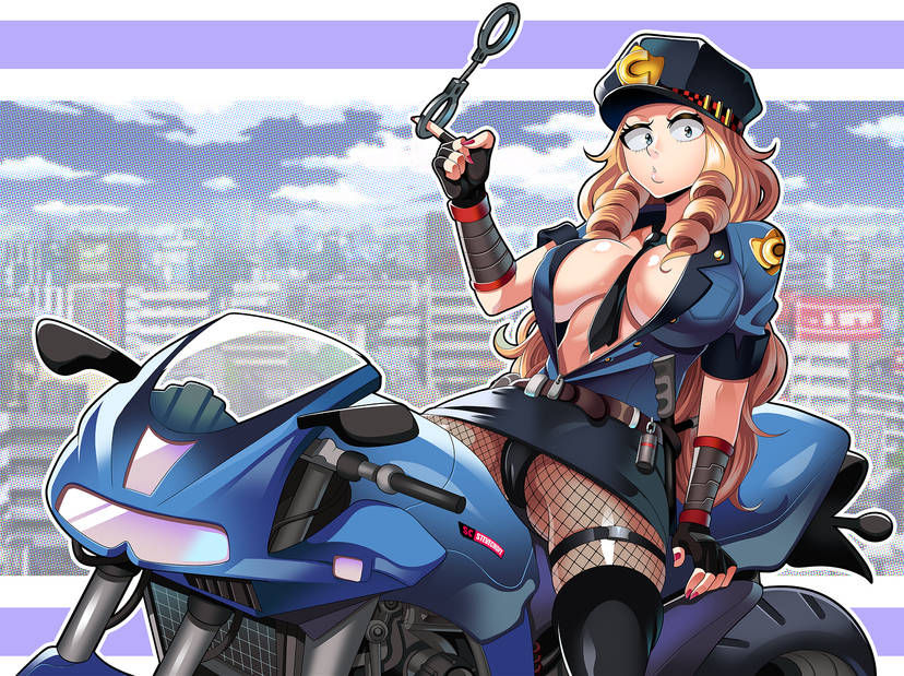 1girls black_panties blonde_hair breasts camie_utsushimi fingerless_gloves fishnet_pantyhose fishnets gloves green_eyes handcuffs hat large_breasts long_hair looking_at_viewer motorcycle my_hero_academia necktie painted_fingernails panties pantyhose police police_uniform police_vehicle policewoman stevechopz thighhighs upskirt