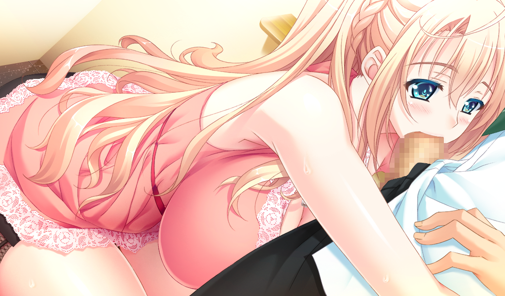 baku_ane_otouto_shibocchau_zo! bare_shoulders blonde_hair blue_eyes blush breast_press breasts brother_and_sister censored choco_chip cleavage fellatio female game_cg hayasaki_noemi huge_breasts incest kneeling legs long_hair looking_away mosaic_censoring oral penis skirt solo_focus standing sweatdrop thighs unzipped