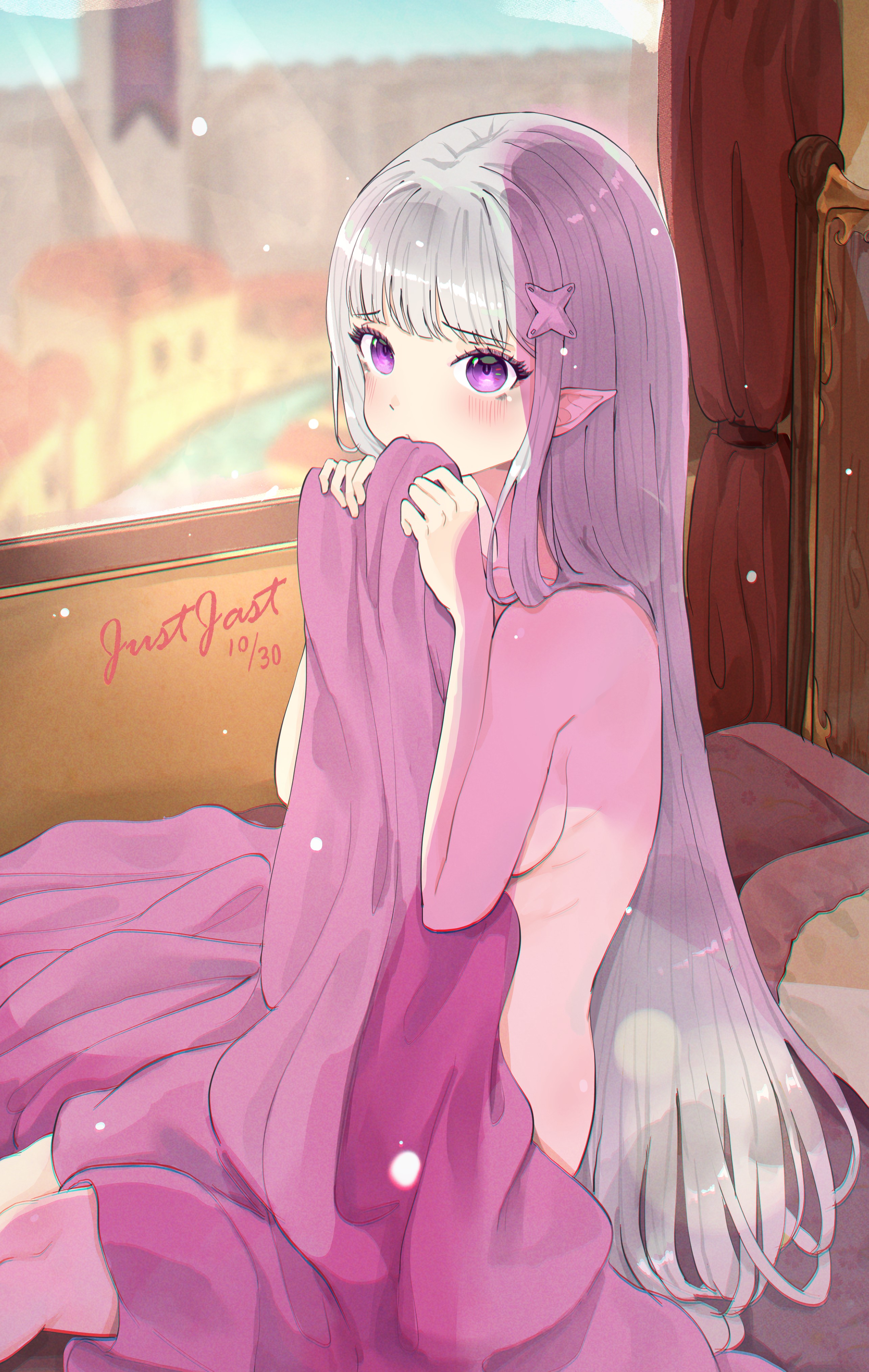1girls, blanket, breasts, clothes removed, covering, elf, elf ears, elf female, emilia (re:zero), female, justjast, kidnapped, light skin, light-skinned female, looking at viewer, naked, naked female, nude, nude female, on bed, purple eyes, re:zero kara hajimeru isekai seikatsu, sideboob, silver hair, sitting, solo, submissive female, undressed