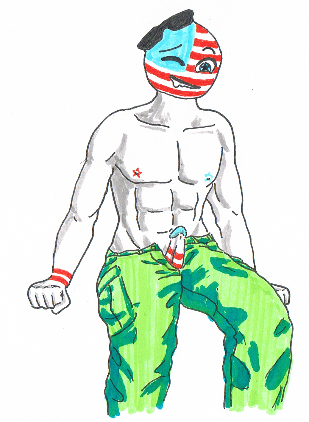 cargo_pants countryhumans erection male_only penis_through_fly shirtless solo solo_male united_states_of_america_(countryhumans)