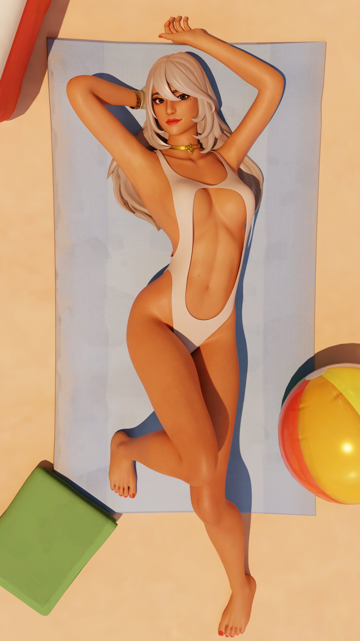 alternate_version_available aphrodite aphrodite_(fortnite) arm_up arms_behind_back beach beach_ball beach_towel choker clothed clothed_female clothing dark_skin dark_skinned_female female female_only fortnite fully_clothed fully_clothed_female jabbi_2k one-piece_swimsuit pinup sfw shiny shiny_skin solo solo_female watch