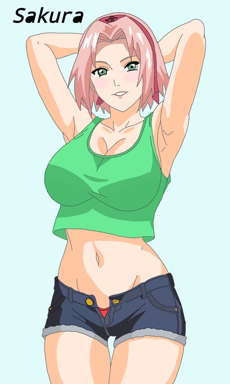 1girls anime_style animegirl clothes_lift female female_only hair_pink human naruto naruto_(series) naruto_shippuden sakura_haruno shorts solo