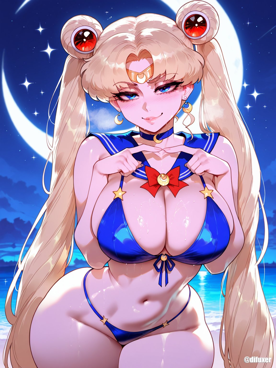 1girls ai_generated beach bikini bishoujo_senshi_sailor_moon blonde_hair blush breasts difuxer female female_focus female_only huge_breasts large_breasts light-skinned_female light_skin night sailor_collar sailor_moon solo thick_thighs thighs wide_hips