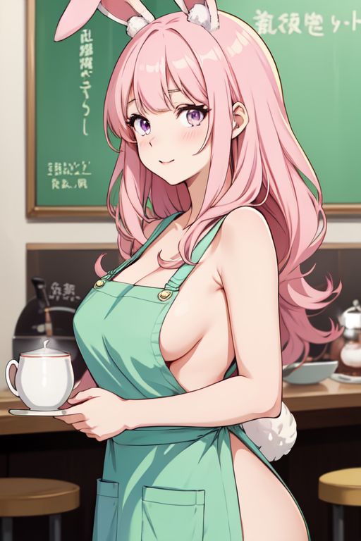 ai_generated apron blush breasts breasts_out bunny bunny_ears bunny_tail cafe large_ass large_breasts naked no_bra no_panties nudity smile solo starbucks