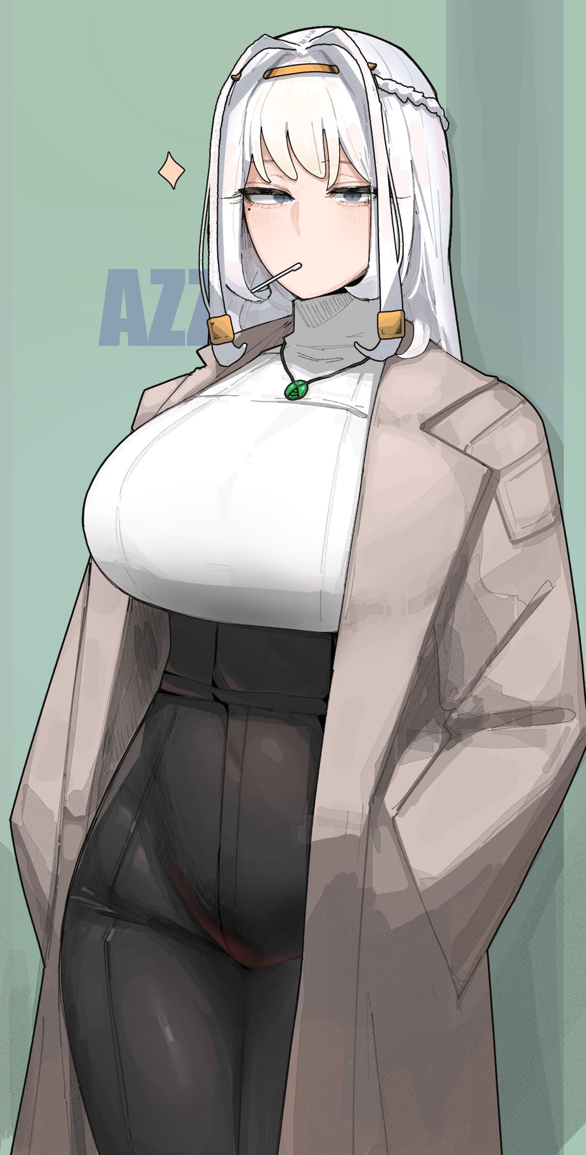 1girls, 2d, 2d (artwork), antenna hair, azz0422, black pants, blue eyes, breasts, coat, eyelashes, game freak, hair ornament, high waisted pants, humanized, humanized pokemon, long hair, nintendo, pheromosa, pokemon, tight clothing, trench coat, white hair, white shirt