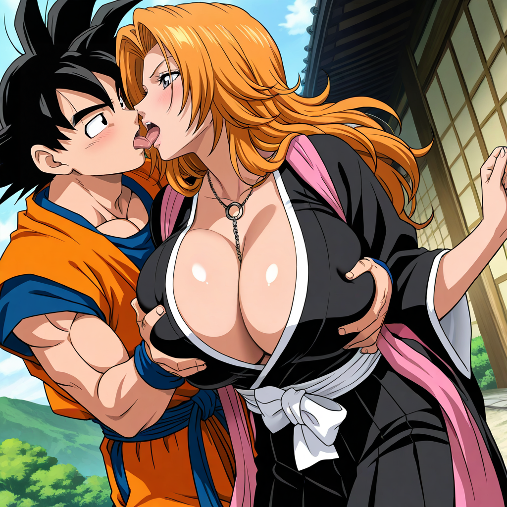 1:1 1boy 1girls ai_generated big_breasts black_hair bleach breast_grab breasts cheating_husband crossover dragon_ball dragon_ball_super dragon_ball_z female goku grabbing grabbing_from_behind groping_breasts horny huge_breasts kissing large_breasts long_hair male matsumoto_rangiku netorare ntr orange_hair outside rangiku seductive sexy son_goku straight tongue_kiss unfaithful