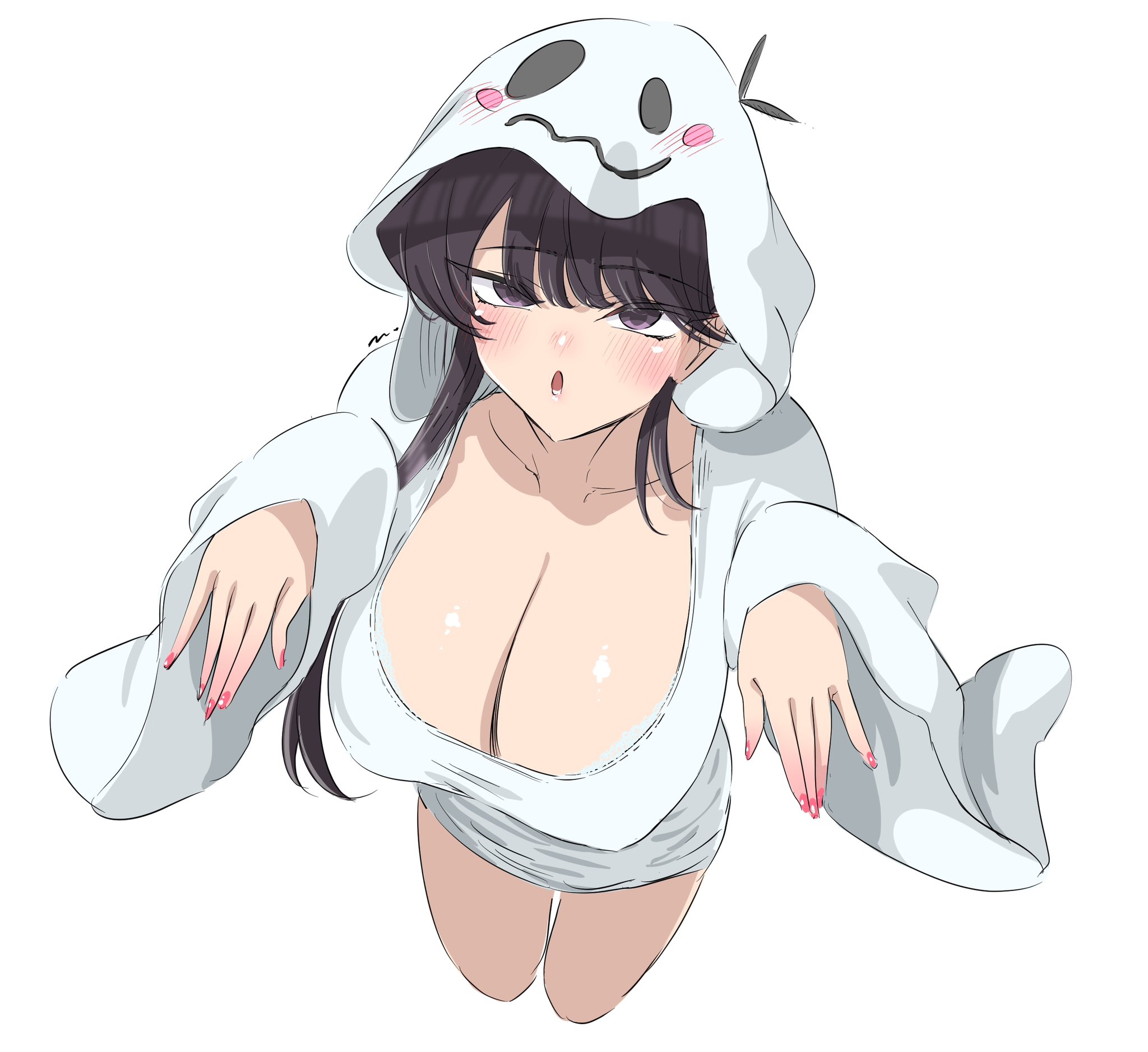 black hair, breasts, cleavage, female, ghost costume, ghost pose, highres, hood, hood up, huge breasts, komi shouko, komi-san wa komyushou desu, light blush, looking at viewer, mitsugu, open mouth, pink nails, purple eyes, simple background, solo, white background