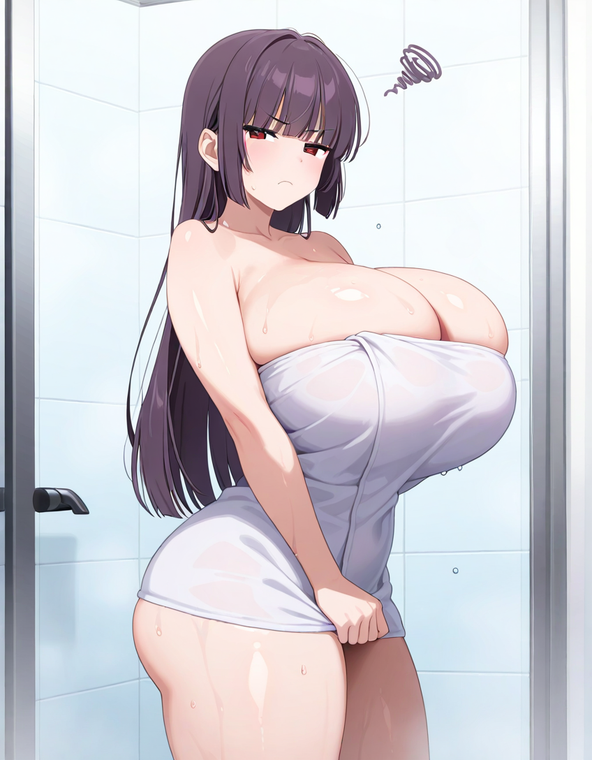 ai_generated annoyed annoyed_expression big_breasts breasts_bigger_than_head busty fat_breasts long_hair pissed please_don't_bully_me,_nagatoro president_(nagatoro) purple_hair red_eyes sana_sunomiya shower top_heavy towel towel_only