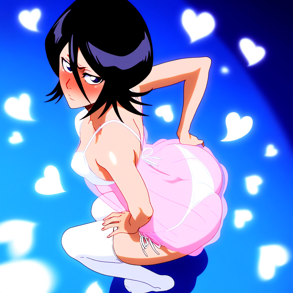 ai_assisted ai_generated anime_screencap anime_style ass ass_shake black_hair bleach dancing from_above full_face_blush hands_on_hips hearts kuchiki_rukia looking_at_viewer nightclub nightgown see-through_clothing self_upload selvokaz short_hair small_breasts standing twerking white_bra white_panties white_thighhighs wide_hips