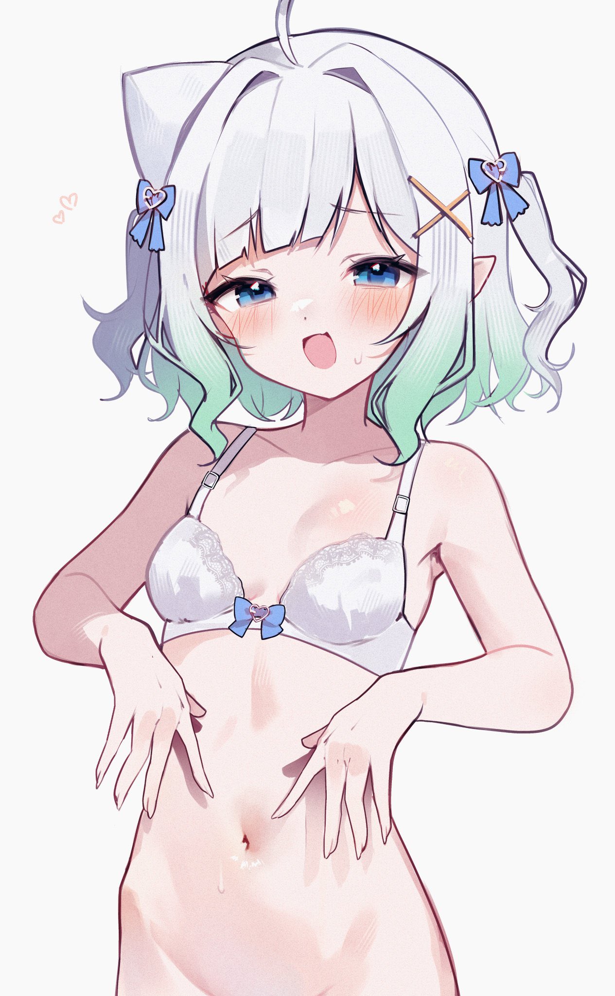 1girls, ahoge, blue bow, blue eyes, blush, bottomless, bow, bow bra, bra, breasts, collarbone, commentary, cowboy shot, densetsu.exe, english commentary, female, gradient hair, green hair, hair intakes, hair ornament, hairbow, half-closed eyes, heart, highres, indie virtual youtuber, looking at viewer, maid mint, meiwowowo, mint fantome, multicolored hair, navel, open mouth, pointy ears, short hair, sidelocks, simple background, small breasts, smile, solo, stomach, two side up, two-tone hair, underwear, virtual youtuber, vtuber, white background, white bra, white hair, x hair ornament