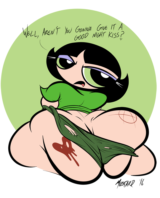 1girls ass black_hair buttercup_(powerpuff_girls) green_eyes hornymustardsauce powerpuff_girls tattoo text thicc