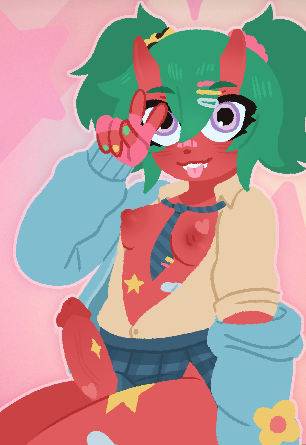 1futa blouse blue_eyes demon_girl demon_horns fingerless_gloves fortnite fortnite:_battle_royale futanari green_hair gyaru hairclip hoodie leopard_print medium_hair necktie nemia_(fortnite) nose_bandage off_shoulder painted_nails peace_sign penis pleated_skirt pupn1k red_skin scrunchie small_breasts stickers_on_body tongue_out twintails unbuttoned