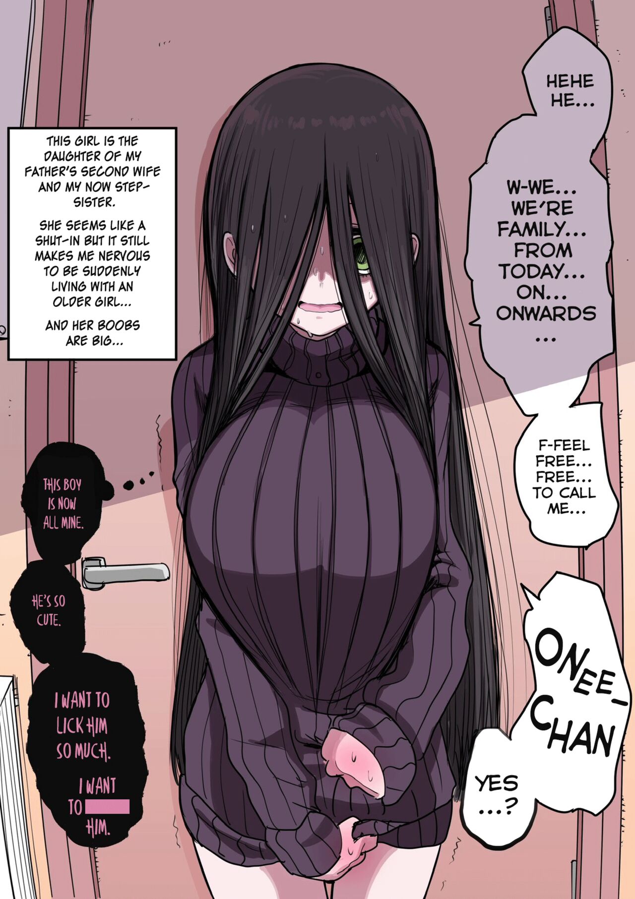 big breasts, breasts, brother and sister, eye covering bang, female, female pervert, goth, goth girl, imminent paizuri, zurikishi