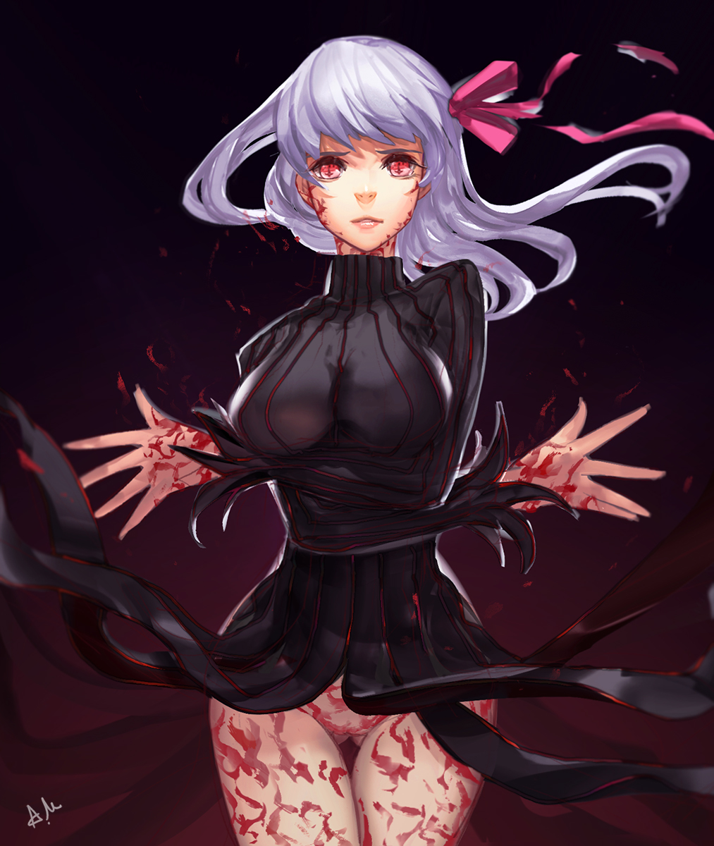 bottomless breasts dark_sakura dress fate/stay_night fate_(series) female hair_ribbon highres i.a.m.genesic lavender_hair long_hair matou_sakura no_panties purple_hair pussy red_eyes ribbon skirt_up solo updress upskirt white_hair