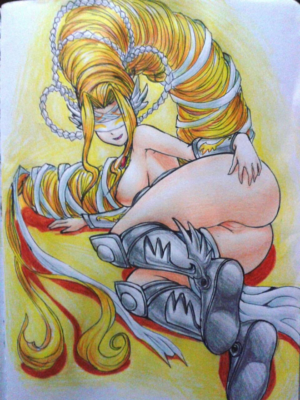 1girls ass bare_shoulders blonde_hair breasts covered_eyes digimon digimon_(species) female female_only large_breasts long_hair nipples no_panties olympos_xii pussy smile solo topless traditional_media venusmon very_long_hair