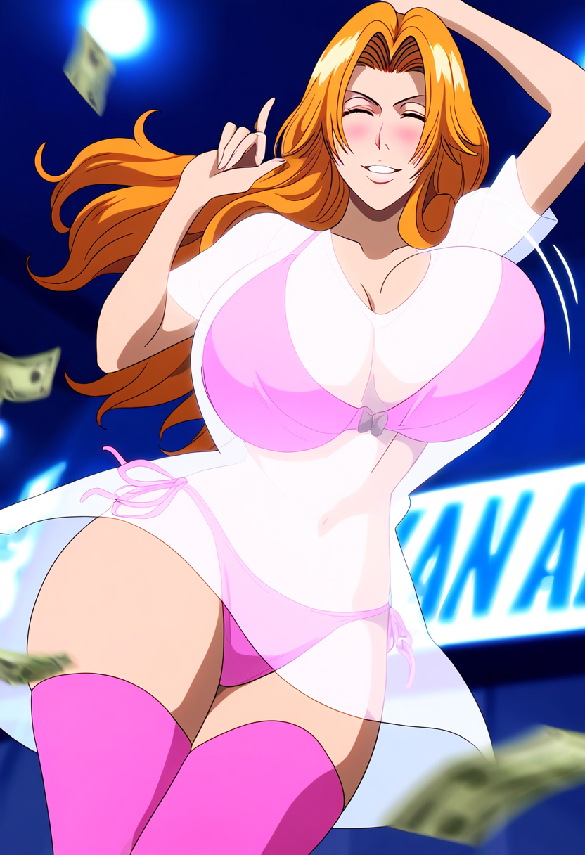 ai_assisted ai_generated anime_screencap anime_style bleach bouncing_breasts closed_eyes dancing dollar_bills flipping_off huge_ass huge_breasts long_hair matsumoto_rangiku nightclub nightgown orange_hair pink_bra pink_panties pink_thighhighs see-through_clothing self_upload selvoka smile wide_hips