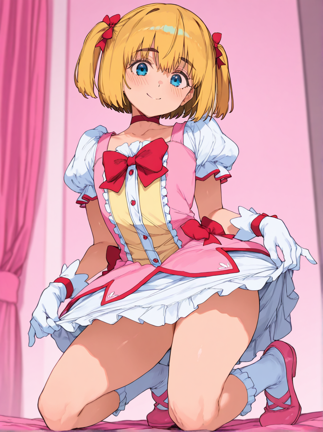 1boy ai_generated armin_arlert attack_on_titan blonde_hair blue_eyes exposed_legs femboy madoka_kaname_(cosplay) on_knees pink_dress smile solo trap twintails