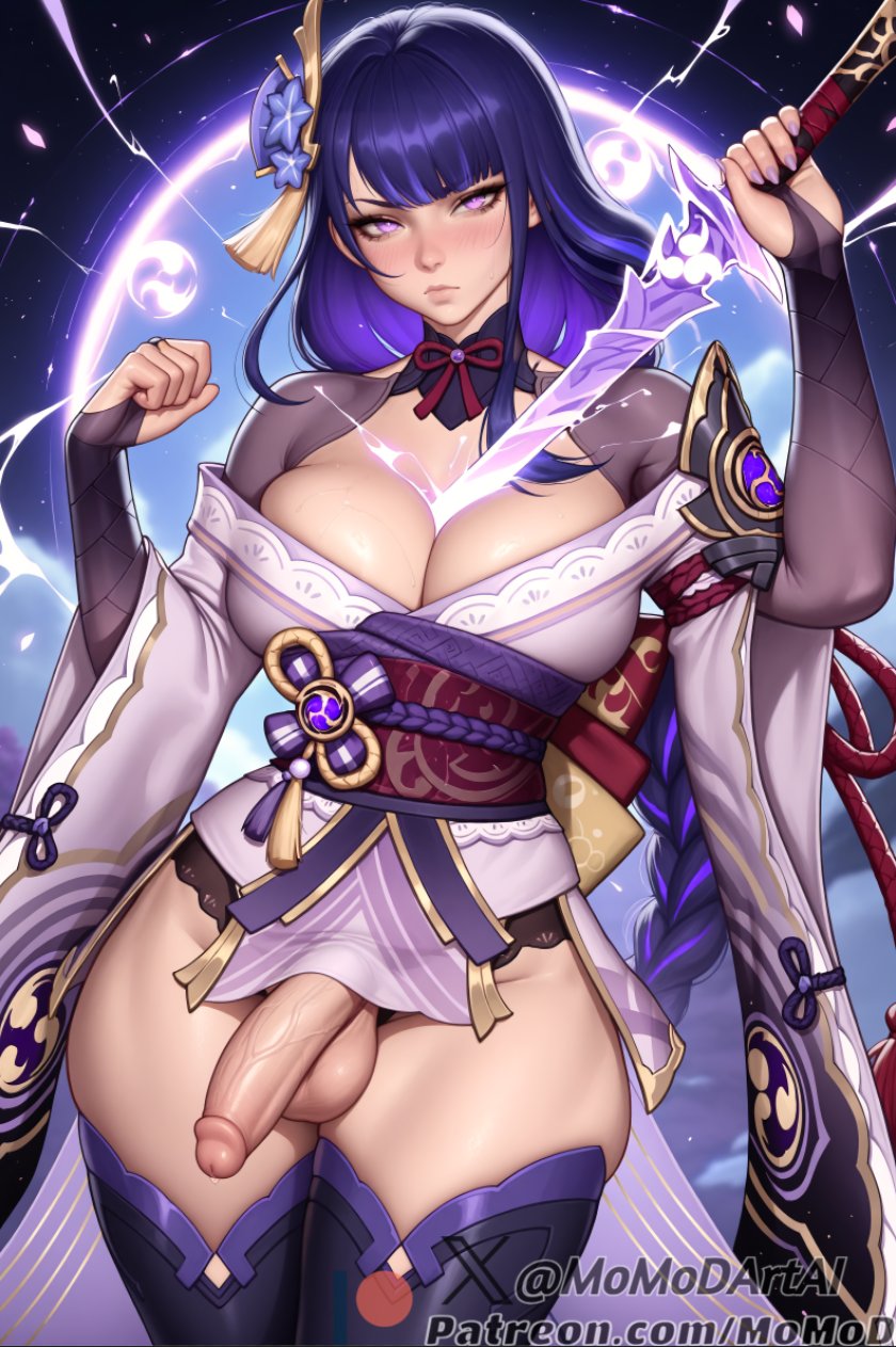 1futa ai_generated blush breasts fingerless_gloves futanari genshin_impact japanese_clothes katana large_breasts momodart penis purple_eyes purple_hair raiden_shogun stable_diffusion stockings sword tagme testicles thighhighs