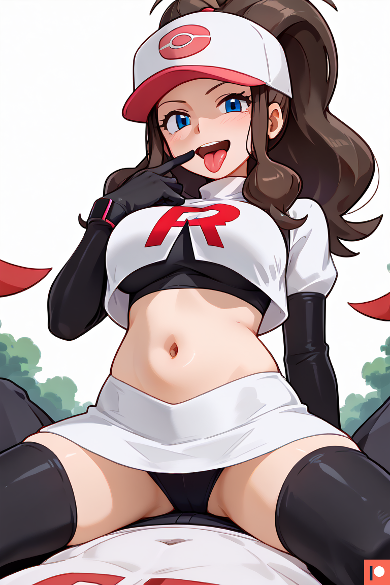 1girl1boy ai_generated arrogant big_breasts blue_eyes brown_hair corruption enemy_conversion evil evil_smile female hand_to_own_mouth hilda_(pokemon) human_characters_in_pokémon long_hair looking_at_partner looking_at_viewer looking_down midriff omega_weirdo open_mouth patreon pokemon ponytail pov smug straddling team_rocket team_rocket_grunt_(female) team_rocket_uniform thighhighs tongue tongue_out