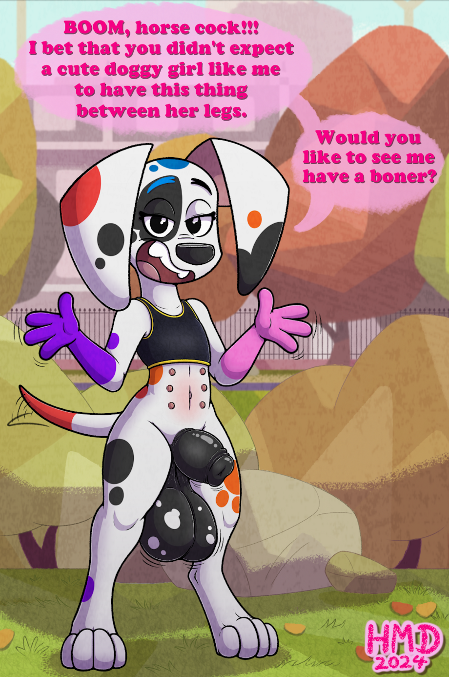 101_dalmatian_street 101_dalmatians 1anthro 1futanari 1girls 2024 alternate_version_at_source animal_genitals animal_penis anthro anthro_female anthro_focus anthro_only anthro_solo anthrofied anthropomorphic arms artist_signature asking asking_a_question asking_viewer balls bare_stomach belly_button big_balls big_cock big_dick big_penis black_bra black_penis black_sports_bra black_spots blue_spots canid canine canis clothed clothed_anthro clothed_female clothing cock complex_background da_vinci_(101_dalmatians) dalmatian dialogue dick digital_drawing_(artwork) digital_media_(artwork) disney domestic_canine domestic_dog english_dialogue exposed exposed_penis eyebrows_raised eyelashes fangs futa_focus futa_only futa_solo futanari genitals gynomorph gynomorph_focus hand_wave hands hi_res high_resolution highres hmdkoba horsecock huge_balls huge_cock inkbunny jazz_hands large_balls large_cock large_dick large_ears large_penis legs long_ears looking_at_viewer mammal motion_lines multi_nipple multicolored_body multicolored_fur nipples open_mouth open_smile orange_spots outside park part_2 paws penis public public_exposure public_nudity purple_spots raised_eyebrows red_spots shaded shading smile smiling smiling_at_viewer sports_bra spots spotted_balls spotted_body spotted_fur standing stomach stomach_nipples tail tail_wag tail_wagging tailwag talking talking_to_viewer thighs tongue wagging_tail white_body white_fur young young_female zoophilia