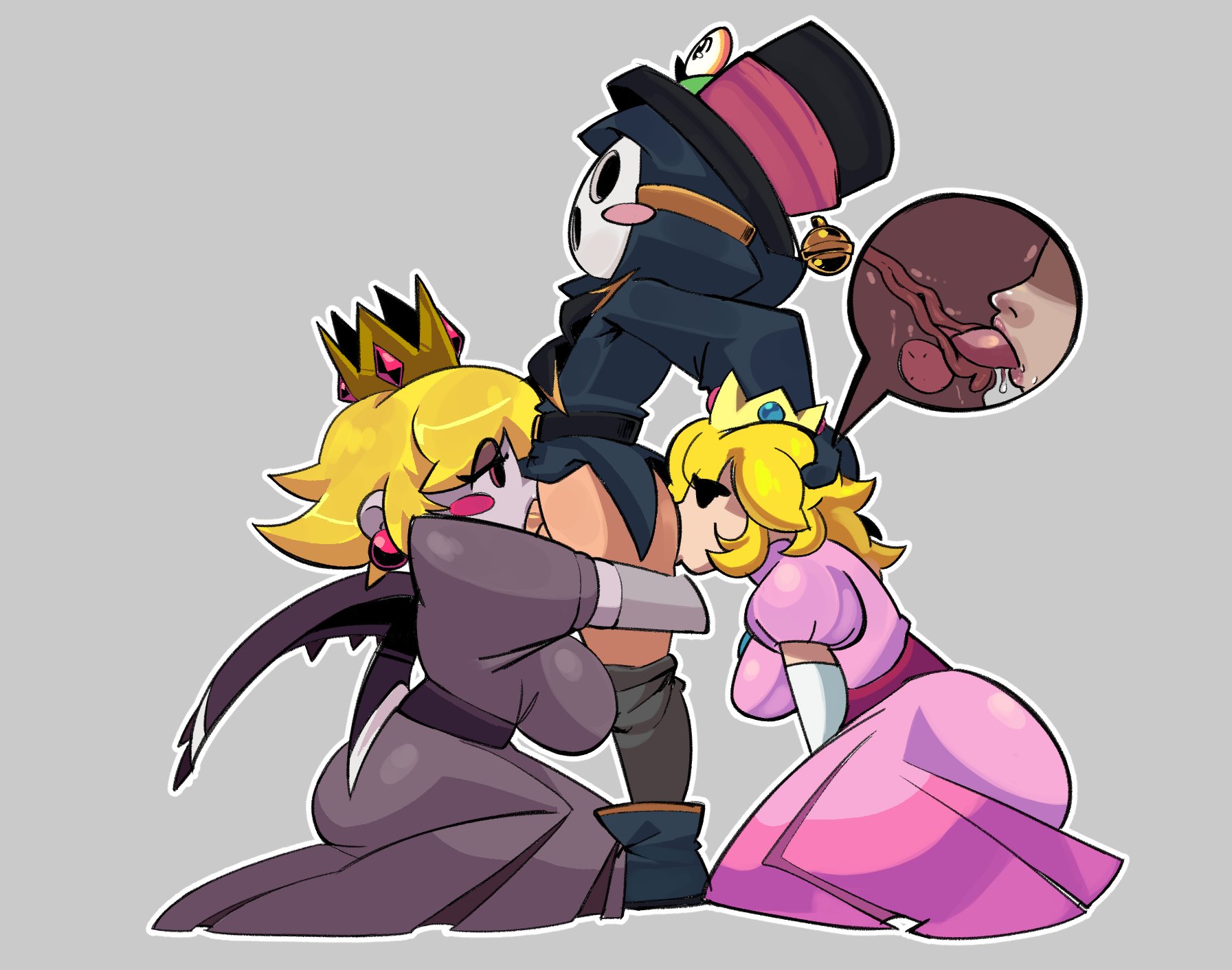 1boy, 2girls, anti groove, blonde hair, blue plate special, fellatio, female, ghostsorceress, kneeling, male, mario (series), nintendo, oc, oral, original character, paper mario, paper mario: the thousand-year door, paper peach, princess peach, prostate, prostate stimulation, rimming, shadow queen, shy guy, super mario bros., top hat, x-ray