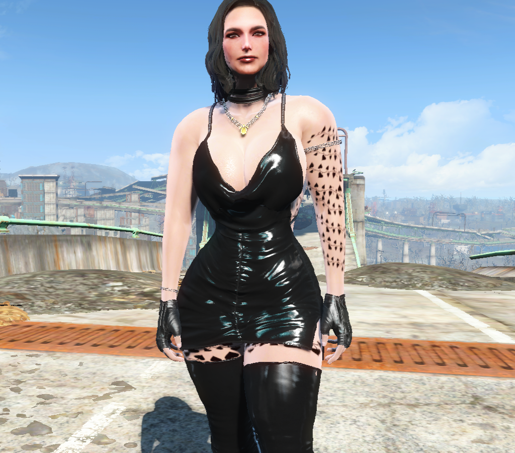 chains fallout_4 gloves high_heels minidress nora_(fallout_4) qos queen_of_spades standing tattoo