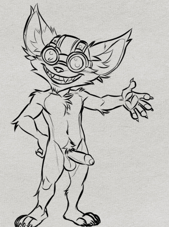 4_toes 5_fingers anthro balls chest_tuft eyewear feet fingers foreskin genitals goggles humanoid humanoid_genitalia humanoid_penis league_of_legends line_art male pawpads penis pubes riot_games sgt.fleischsalat smile solo standing tencent toes tuft yordle ziggs