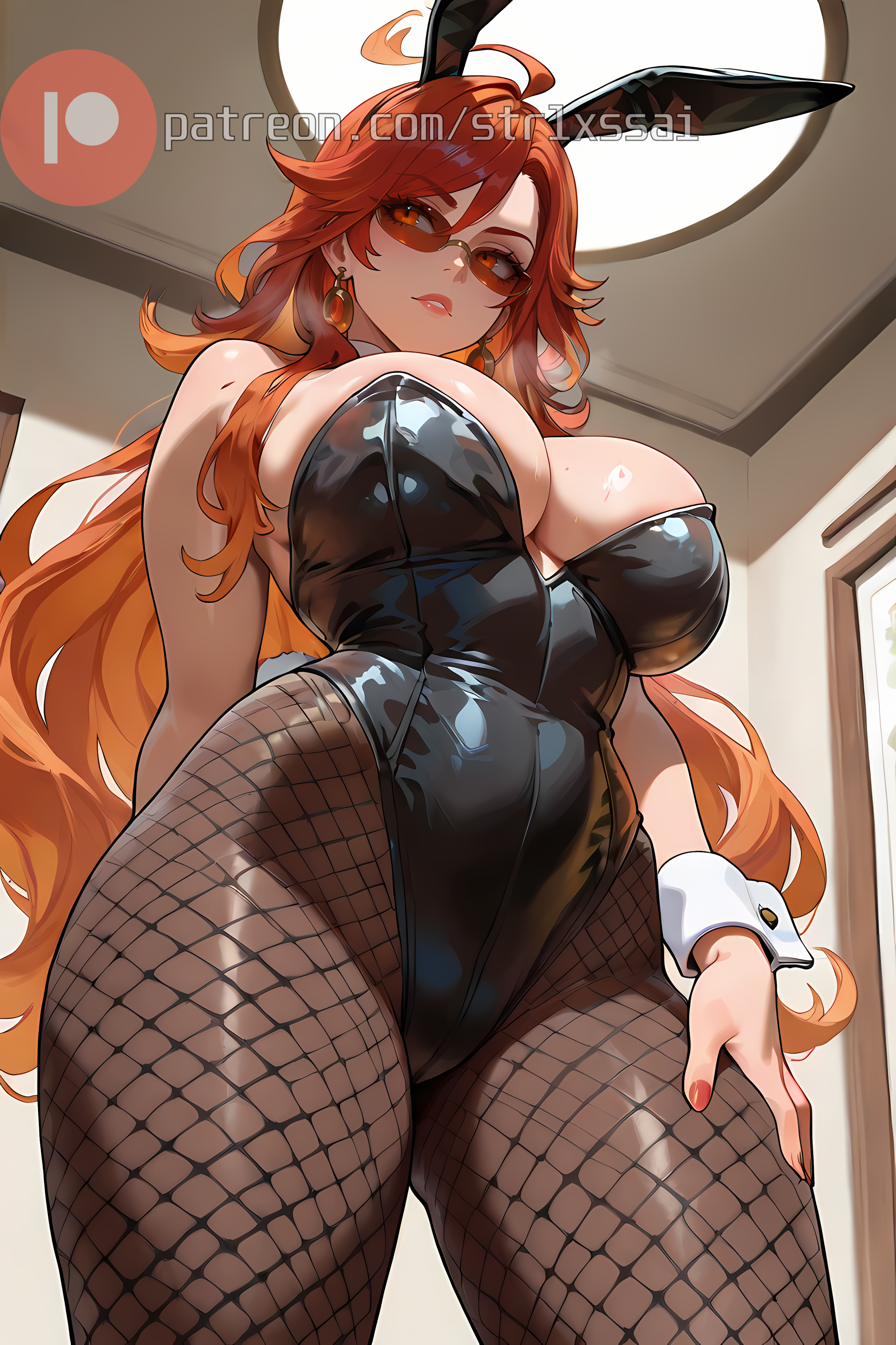 ai generated, big breasts, breasts, bunny ears, bunnysuit, female, fishnets, from below, genshin impact, glasses, mavuika (genshin impact), strlxss.ai (artist), thick thighs, thighs, tinted eyewear, tinted glasses