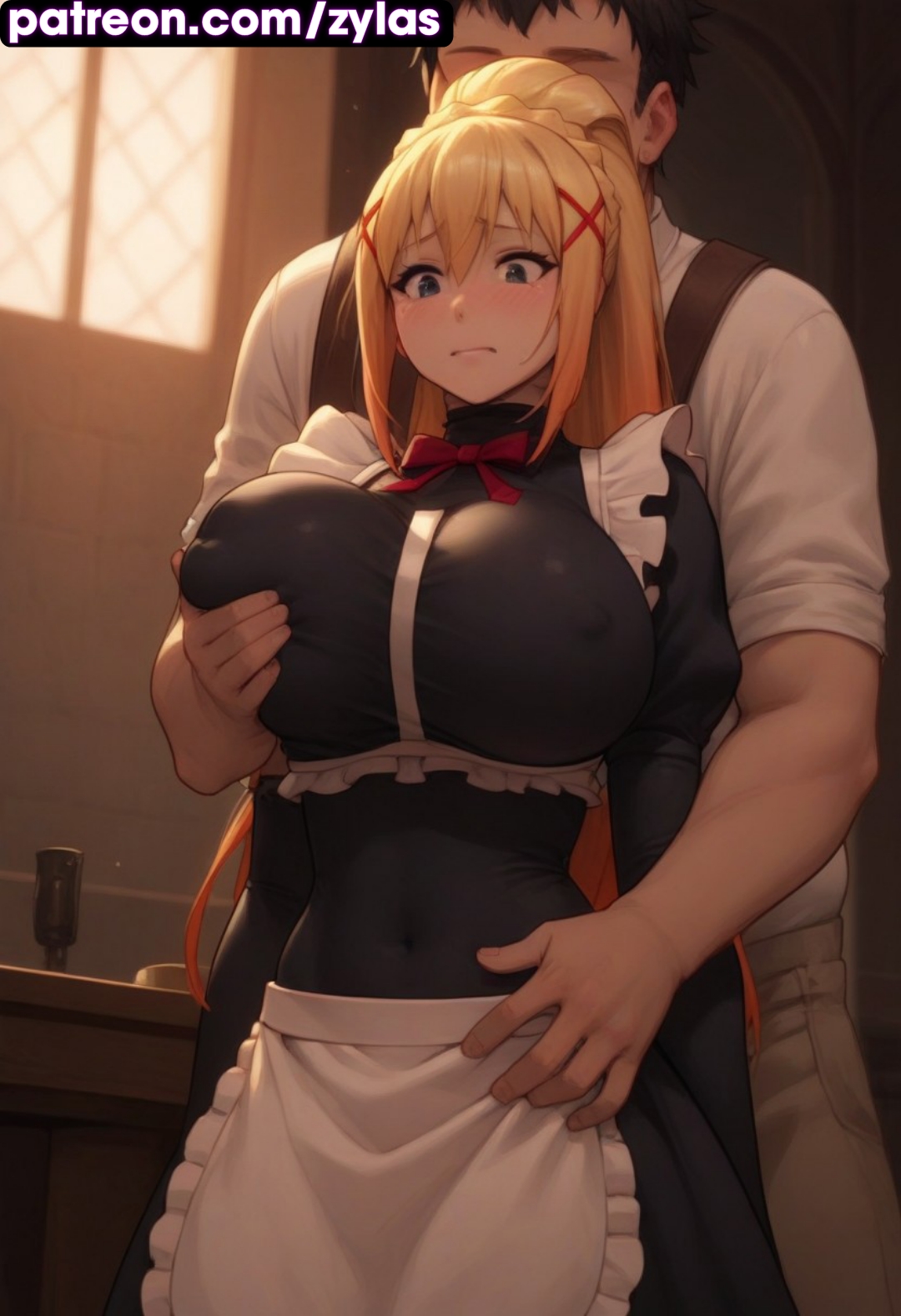 1boy, 1girls, ai generated, ass, breasts, darkness (konosuba), female, groping breasts, huge ass, huge breasts, kono subarashii sekai ni shukufuku wo!, konosuba, maid, male, ryuuziken01