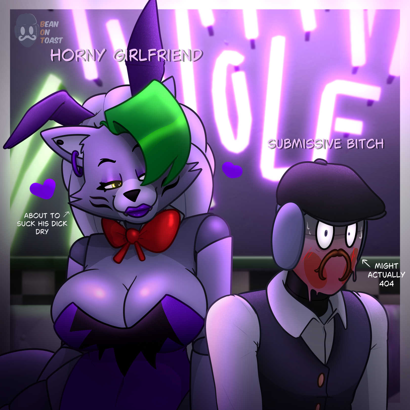 2025 2d 2d_(artwork) 2d_artwork animatronic animatronic_female anthro artist_logo artist_name b.o.t beanontoast big_breasts blush blush bunny_costume bunny_ears five_nights_at_freddy's five_nights_at_freddy's:_security_breach furry green_hair grey_body grey_fur grey_hair moustache original_character robot robot_girl robot_joints robot_male roxanne_wolf_(fnaf) seductive_look staff_bot_(security_breach) thick_thighs wolf wolf_ears wolf_girl wolf_tail