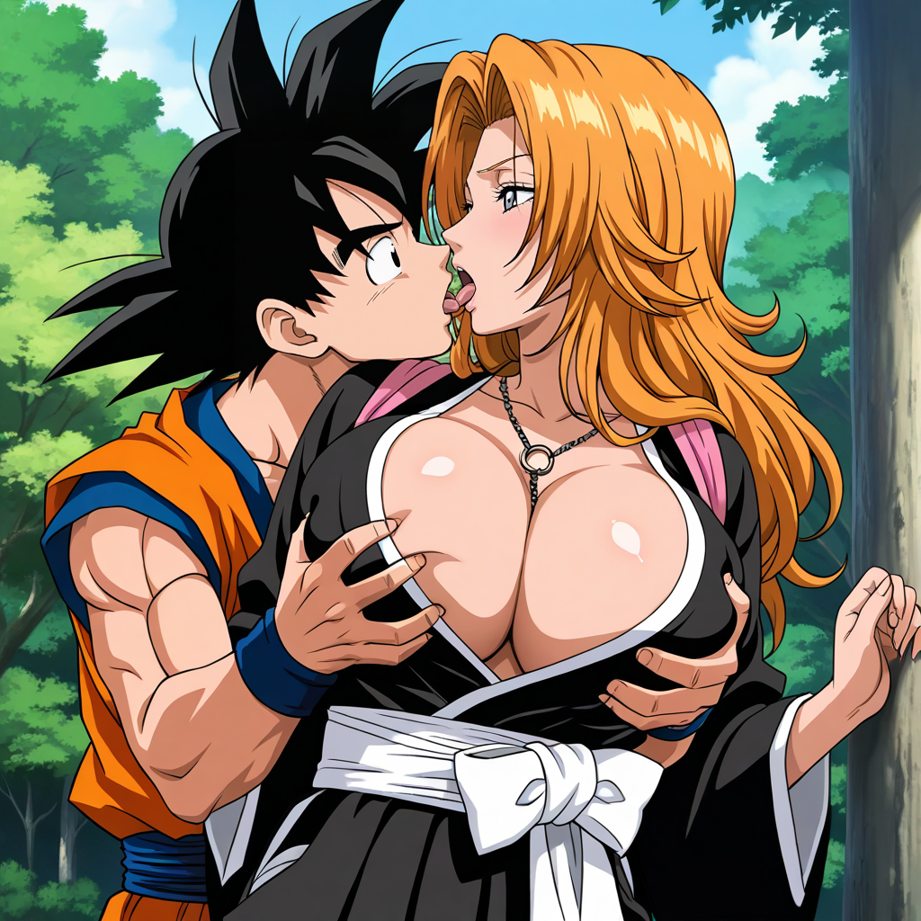 1:1 1boy 1girls ai_generated big_breasts black_hair bleach breast_grab breasts cheating_husband crossover dragon_ball dragon_ball_super dragon_ball_z female grabbing grabbing_from_behind groping_breasts horny huge_breasts kissing large_breasts long_hair male matsumoto_rangiku netorare ntr orange_hair outside seductive sexy son_goku straight tongue_kiss unfaithful